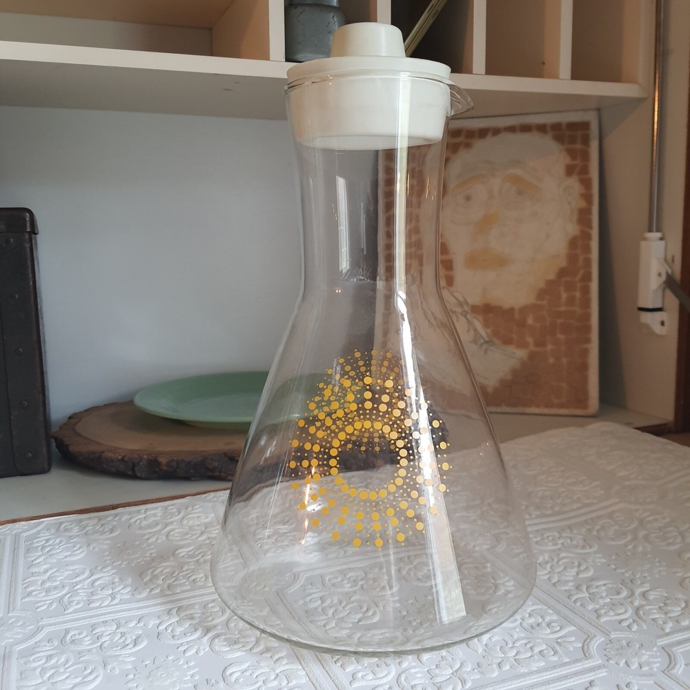 Retro Vintage Yellow Atomic Sunburst Pyrex Glass Decanter Carafe Pitcher 10"